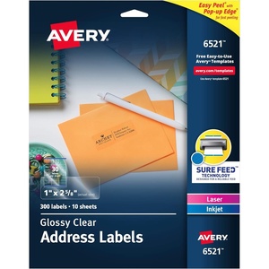image:imageAvery Printable Address Labels with Sure Feed 1 x 258 Glossy Clear 300 Blank Mailing Labels for Laser and Inkjet Printers 65211 x 258