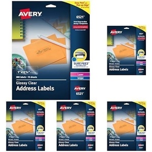 image:imageAvery Printable Address Labels with Sure Feed 1 x 258 Glossy Clear 300 Blank Mailing Labels for Laser and Inkjet Printers 65211 x 258 Pack of 5