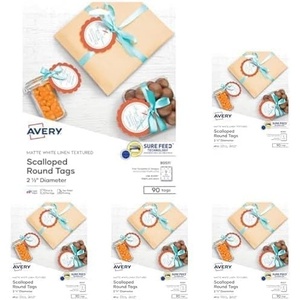 image:imageAvery Printable Blank Scallop Round Gift Tags with Sure Feed 25 Diameter Textured White 90 Customizable Tags 8051190 Tags Pack of 5