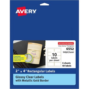 image:imageAvery Printable Rectangle Labels 2 x 4 Blank Labels Shipping Matte White Metallic Gold Border Permanent Adhesive LaserInkjet Printable 100 Total 6506Glossy Clear Gold Borders