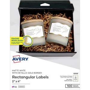 image:imageAvery Printable Rectangle Labels 2 x 4 Blank Labels Shipping Matte White Metallic Gold Border Permanent Adhesive LaserInkjet Printable 100 Total 6506Matte White Gold Borders
