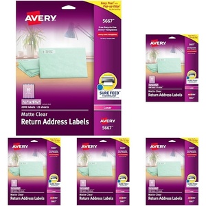 image:imageAvery Printable Return Address Labels with Sure Feed 05 x 175 Matte Clear 800 Blank Mailing Labels 1566712 inch  134 inch Pack of 5