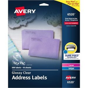image:imageAvery Printable Return Address Labels with Sure Feed 23 x 134 Glossy Clear 600 Blank Mailing Labels 06520