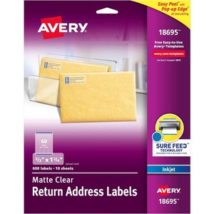 image:imageAvery Printable Return Address Labels with Sure Feed 23 x 134 Matte Clear 600 Blank Mailing Labels 1869523 x 134 Pack of 5