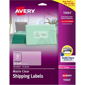 image:imageAvery Printable Shipping Labels with Sure Feed 2 x 4 Matte Clear 100 Blank Mailing Labels 156632 in X 4 in Pack of 5