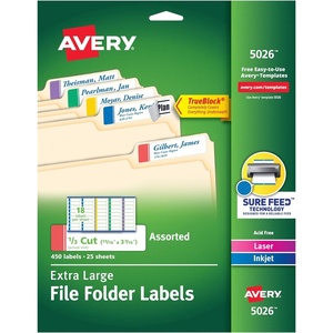 image:imageAvery TrueBlock Extra Large File Folder Labels 1516 x 3716 450 Printable Labels Assorted Colors 50261516 x 3716 in