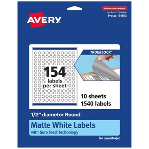 image:imageAvery TrueBlock Matte White Round Labels Sure Feed Technology 05 Diameter 1540 Matte White Labels PrinttoTheEdge LaserInkjet Printable Great for Product Merchandising Stickers1 540 labels