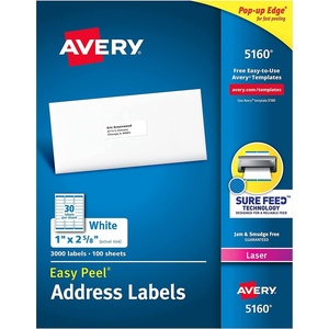 image:imageEasy Peel White Address Labels w Sure Feed Technology Laser Printers 1 x 263 White 30Sheet 100 SheetsBox
