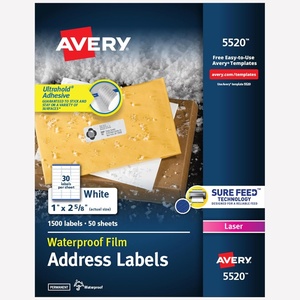 image:imageAvery Durable Waterproof Address Labels with Sure Feed Technology 1 x 258 White Laser amp PigmentInkjet Compatible 1500 Blank Labels Total Great for Mailing Branding and More 55200