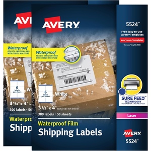 image:imageAvery Durable Waterproof Shipping Labels with Sure Feed Technology 313 x 4 White Laser Compatible 300 Blank Labels per Pack Great for Mailing Branding and More 5Pack of 5524600 labels