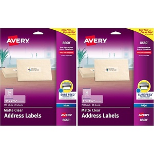 image:imageAvery Matte Clear Address Labels Sure Feed Technology Inkjet 1 x 258 1500 Labels 5 Packs of 186601 in X 258 in Pack of 2