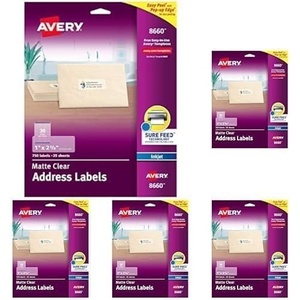 image:imageAvery Matte Clear Address Labels Sure Feed Technology Inkjet 1 x 258 1500 Labels 5 Packs of 186601 in X 258 in Pack of 5