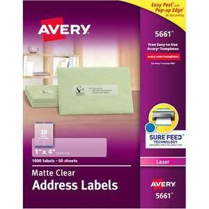 image:imageAvery Printable Address Labels with Sure Feed 1 x 4 Matte Clear 1000 Blank Mailing Labels 056610