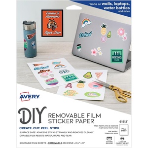 image:imageAvery Durable DIY Sticker Paper 85 x 11 Removable Surface Safe Adhesive WaterResistant with Laser or PigmentInkjet Printers 3 FullSize Label Sheets 615120