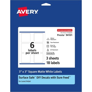 image:imageAvery Durable Removable Square Labels Sure Feed Technology 3 x 3 Matte White Film WaterResistant PrintToTheEdge LaserPigmentBased Inkjet Printable 18 Total18 labels