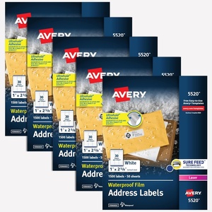 image:imageAvery Durable Waterproof Address Labels with Sure Feed Technology 1 x 258 White Laser amp PigmentInkjet Compatible 1500 Blank Labels per Pack 5Pack of 5520
