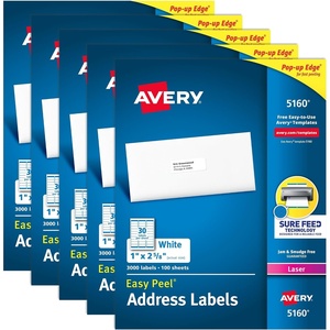 image:imageAvery Easy Peel Printable Address Labels Sure Feed Technology 1 x 258 Customizable Stickers White 7500 Blank Mailing Labels Great for Mailing Shipping and More 4516015 000 labels 5 Packs