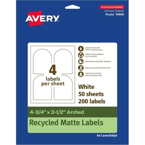 image:imageAvery EcoFriendly Matte White Recycled Arched Labels 475 x 35 PrinttoTheEdge Matte White Labels Permanent Adhesive LaserInkjet Printable 100 Total200 labels