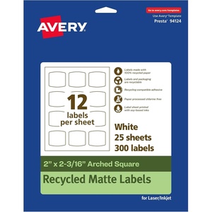 image:imageAvery EcoFriendly Matte White Recycled Arched Square Labels 2 x 2316 PrinttoTheEdge Matte White Labels Permanent Adhesive LaserInkjet Printable 120 Total300 labels