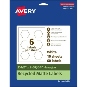 image:imageAvery EcoFriendly Matte White Recycled Hexagon Labels 212 x 25764 PrinttoTheEdge Matte White Labels Permanent Adhesive LaserInkjet Printable 60 Total60 labels