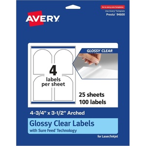 image:imageAvery Glossy Clear Arched Labels Sure Feed Technology 475 x 35 40 Glossy Clear Labels PrinttoTheEdge LaserInkjet Printable100 labels