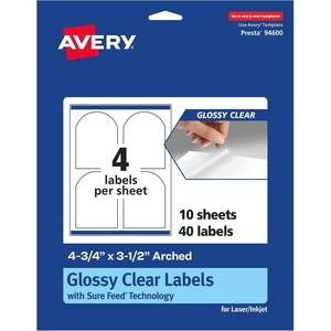 image:imageAvery Glossy Clear Arched Labels Sure Feed Technology 475 x 35 40 Glossy Clear Labels PrinttoTheEdge LaserInkjet Printable40 labels