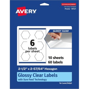image:imageAvery Glossy Clear Hexagon Labels Sure Feed Technology 212 x 25764 60 Glossy Clear Labels PrinttoTheEdge LaserInkjet Printable60 labels