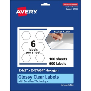 image:imageAvery Glossy Clear Hexagon Labels Sure Feed Technology 212 x 25764 60 Glossy Clear Labels PrinttoTheEdge LaserInkjet Printable600 labels