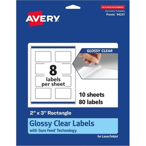 image:imageAvery Glossy Clear Rectangle Labels Sure Feed Technology 2 x 3 80 Glossy Clear Labels PrintToTheEdge LaserInkjet Printable80 labels