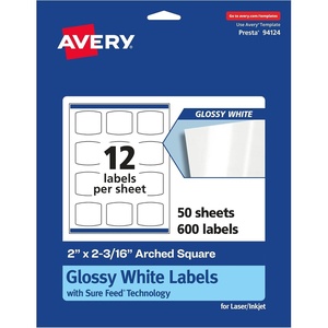 image:imageAvery Glossy White Arched Square Labels Sure Feed Technology 2 x 2316 1200 Glossy White Labels PrinttoTheEdge Permanent Adhesive LaserInkjet Printable600 labels