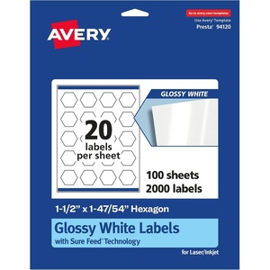 image:imageAvery Glossy White Hexagon Labels Sure Feed Technology 112 x 14754 200 Glossy White Labels PrinttoTheEdge Permanent Adhesive LaserInkjet Printable2 000 labels