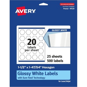 image:imageAvery Glossy White Hexagon Labels Sure Feed Technology 112 x 14754 200 Glossy White Labels PrinttoTheEdge Permanent Adhesive LaserInkjet Printable500 labels