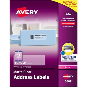 image:imageAvery Matte Clear Address Labels Sure Feed Technology Laser 113 x 4 700 Labels 5 Packs 5662