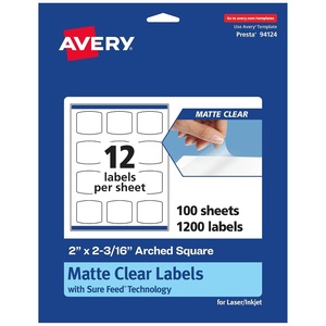 image:imageAvery Matte Clear Arched Square Labels Sure Feed Technology 2 x 2316 120 Matte Clear Labels PrinttoTheEdge LaserInkjet Printable1 200 labels