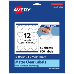 image:imageAvery Matte Clear Heart Labels Sure Feed Technology 2932 x 12732 120 Matte Clear Labels PrinttoTheEdge LaserInkjet Printable600 labels