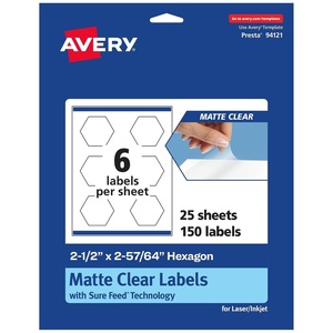 image:imageAvery Matte Clear Hexagon Labels Sure Feed Technology 212 x 25764 150 Matte Clear Labels PrinttoTheEdge LaserInkjet Printable150 labels