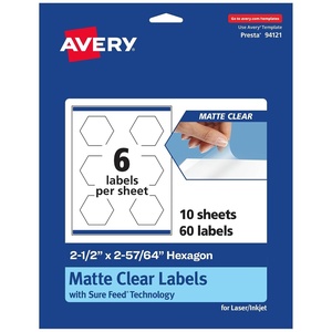 image:imageAvery Matte Clear Hexagon Labels Sure Feed Technology 212 x 25764 150 Matte Clear Labels PrinttoTheEdge LaserInkjet Printable60 labels