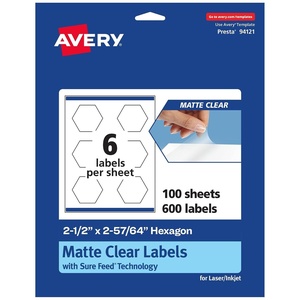 image:imageAvery Matte Clear Hexagon Labels Sure Feed Technology 212 x 25764 150 Matte Clear Labels PrinttoTheEdge LaserInkjet Printable600 labels