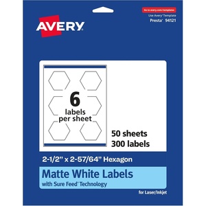 image:imageAvery Matte White Hexagon Labels Sure Feed Technology 25 x 25764 150 White Labels PrinttoTheEdge Permanent Adhesive LaserInkjet Printable300 labels