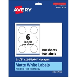 image:imageAvery Matte White Hexagon Labels Sure Feed Technology 25 x 25764 150 White Labels PrinttoTheEdge Permanent Adhesive LaserInkjet Printable600 labels