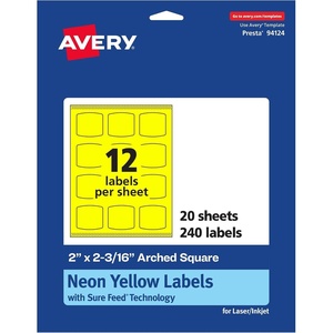 image:imageAvery Printable Arched Square Labels Sure Feed Technology 2 x 2316 Neon Yellow Labels PrintToTheEdge LaserInkjet Printable 240 Total Great for Cosmetics and Soaps