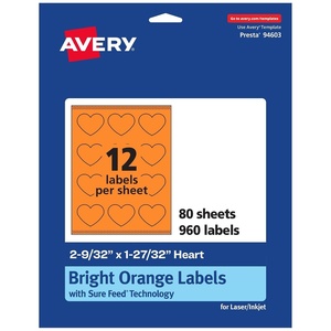 image:imageAvery Printable Heart Labels Sure Feed Technology 2932 x 12732 Bright Orange Labels PrinttoTheEdge LaserInkjet Printable 120 Total Great for Mailing Seals and Packaging960 labels