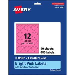 image:imageAvery Printable Heart Labels Sure Feed Technology 2932 x 12732 Bright Pink Labels PrinttoTheEdge LaserInkjet Printable 240 Total Great for Mailing Seals and Packaging480 labels