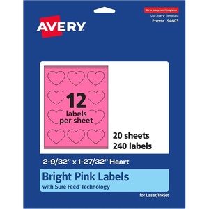 image:imageAvery Printable Heart Labels Sure Feed Technology 2932 x 12732 Bright Pink Labels PrinttoTheEdge LaserInkjet Printable 240 Total Great for Mailing Seals and Packaging240 labels