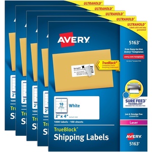 image:imageAvery Printable Shipping Labels with Sure Feed 2 x 4 Customizable Stickers White 5000 Blank Mailing Labels Great for Mailing Shipping and More 5Pack of 5163