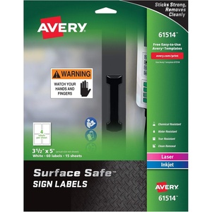 image:imageAvery Printable Warning Signs 35 x 5 WaterChemical Resistant 60 Removable Labels 61514White