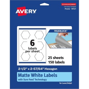 image:imageAvery TrueBlock Matte White Hexagon Labels Sure Feed Technology 212 x 25764 150 Matte White Labels PrinttoTheEdge LaserInkjet Printable Great for Packaging and Product Merchandising150 labels