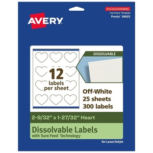 image:imageAvery Dissolvable Heart Labels Sure Feed Technology 2932 x 12732 Matte White PrinttoTheEdge LaserInkjet Printable 300 Labels Total300 labels