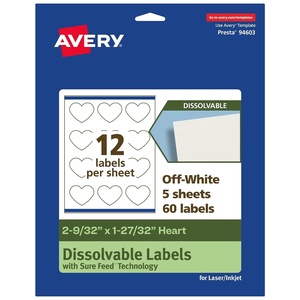 image:imageAvery Dissolvable Heart Labels Sure Feed Technology 2932 x 12732 Matte White PrinttoTheEdge LaserInkjet Printable 300 Labels Total60 labels