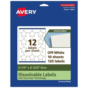 image:imageAvery Dissolvable Star Labels Sure Feed Technology 214 x 238 Matte White PrinttoTheEdge LaserInkjet Printable 300 Labels Total120 labels